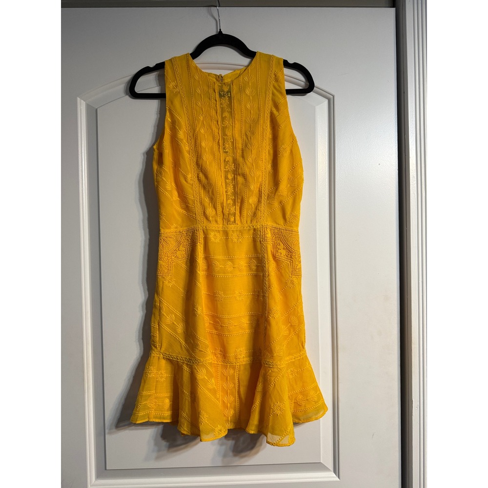 TJD Mini Dress Sz S Yellow Embroidered Lace Ruffle Sleeveless Boho Cottagecore